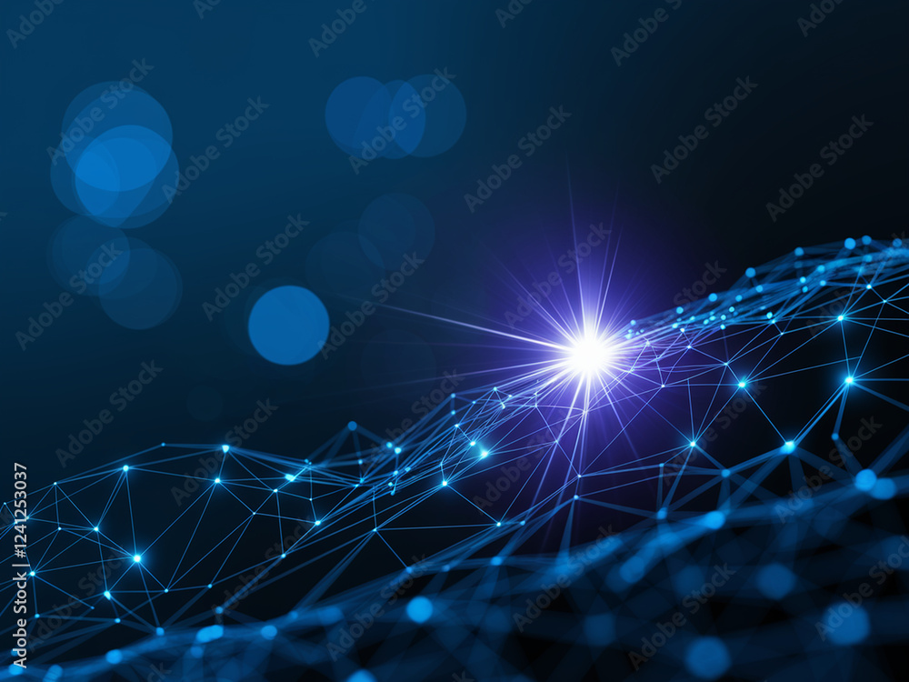 Poster futuristic network visualization with glowing blue and white nodes connected by luminous lines. set 