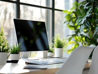 Fototapeta premium Close-Up of Computer Table in Bright Office Space: Embracing Modern Tech with Natural Light and Outdoor Views