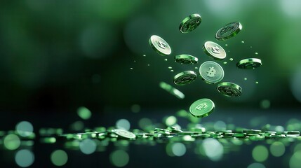 Green energy coins floating in a digital space, symbolizing financial incentives for carbon neutrality
