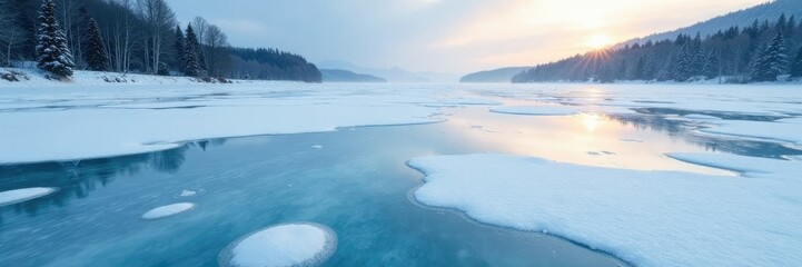 Silvery ice stretched across frozen lake surface, ice, winter, calm