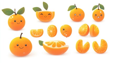 Cute cartoon oranges, slices, various angles, white background, children's book illustration