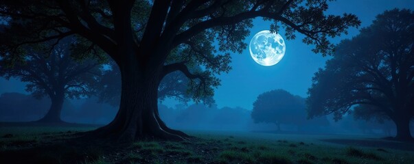 Fototapeta premium Silvery moonlight filters through ancient tree branches, trees, night sky, forest