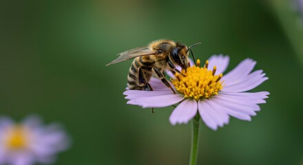 Buzzing Bloom: A macro shot captures a bee delicately pollinating a vibrant flower, showcasing the intricate details of nature's symbiosis and the beauty of the natural world.