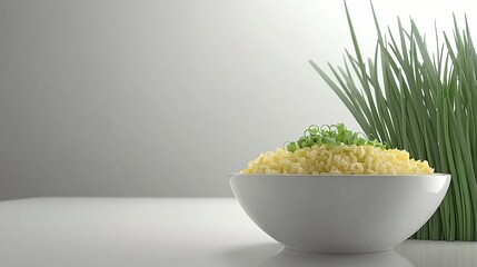 Noodles bowl, green onions, white background, food photography, recipe illustration