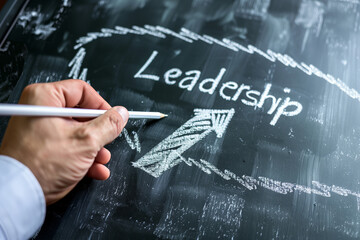 Person is writing the word leadership on a chalkboard. Concept of leadership and the importance of being a leader