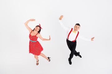 Photo of attractive couple professional choreographers dance school isolated on white color background