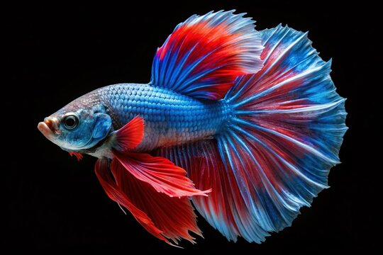 Vibrant Halfmoon Siamese Fighting Fish, Blue and Red Doubletail, Black Background