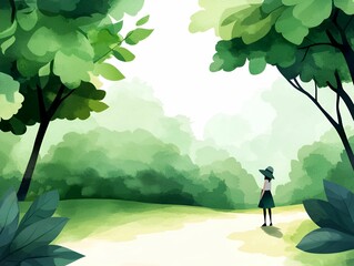 Fototapeta premium Earth day watercolor concept. A serene landscape with a figure standing on a path surrounded by lush greenery.
