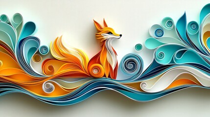 Fototapeta premium Paper art fox ocean wave swirls, nature, design, illustration