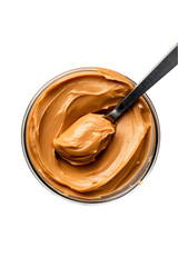 A small bowl of peanut butter, with a knife resting on the edge, placed on a white surface. Transparent background


