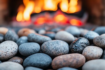 Smooth stones in focus near a warm fire.