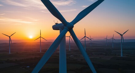 Wind Turbines at Sunset: A breathtaking aerial perspective of a wind farm at sunset, with numerous wind turbines dotting the horizon as the sun casts a warm, inviting glow across the sky.