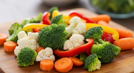 A Rainbow of Fresh Vegetables: A vibrant assortment of fresh vegetables, carefully arranged on a wooden cutting board, showcasing the natural beauty and health benefits of a balanced diet.