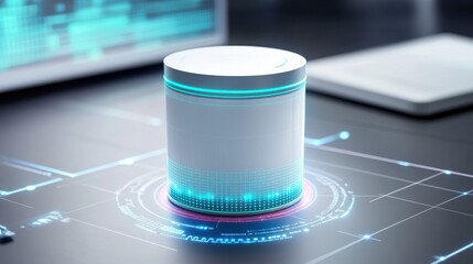 Futuristic Data Storage Device with Neon Lights and Digital Effects