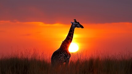 A solitary giraffe silhouetted against a vibrant sunset in an open grassland landscape