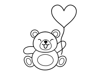 Valentines Day Bear Holding Balloon Line Art