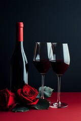 wine bottle, two glasses of red wine and red roses