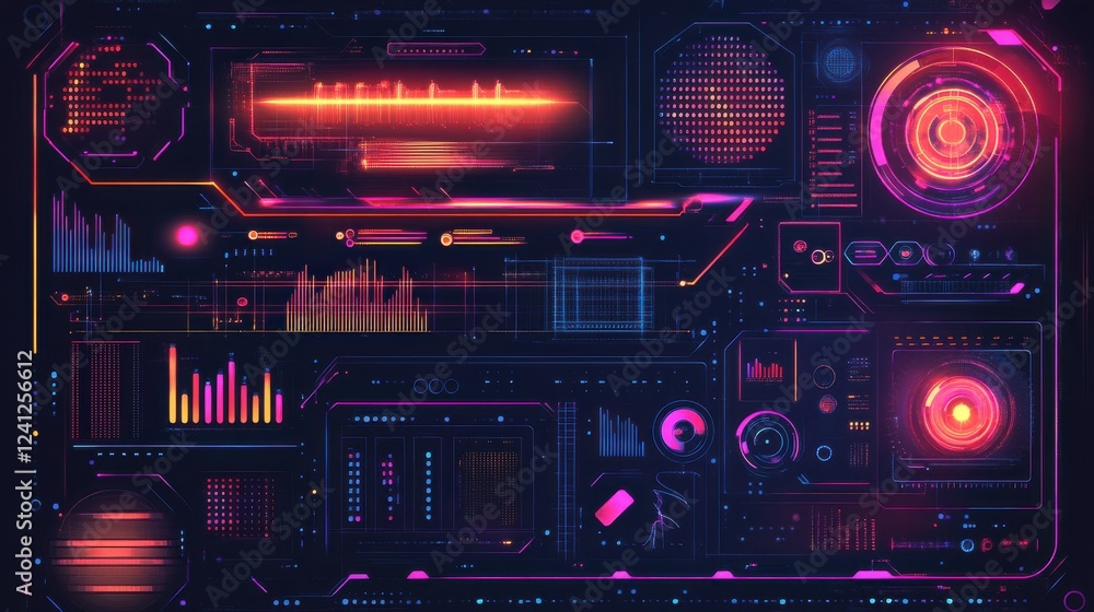 Poster futuristic data visualization interface with neon effect and details