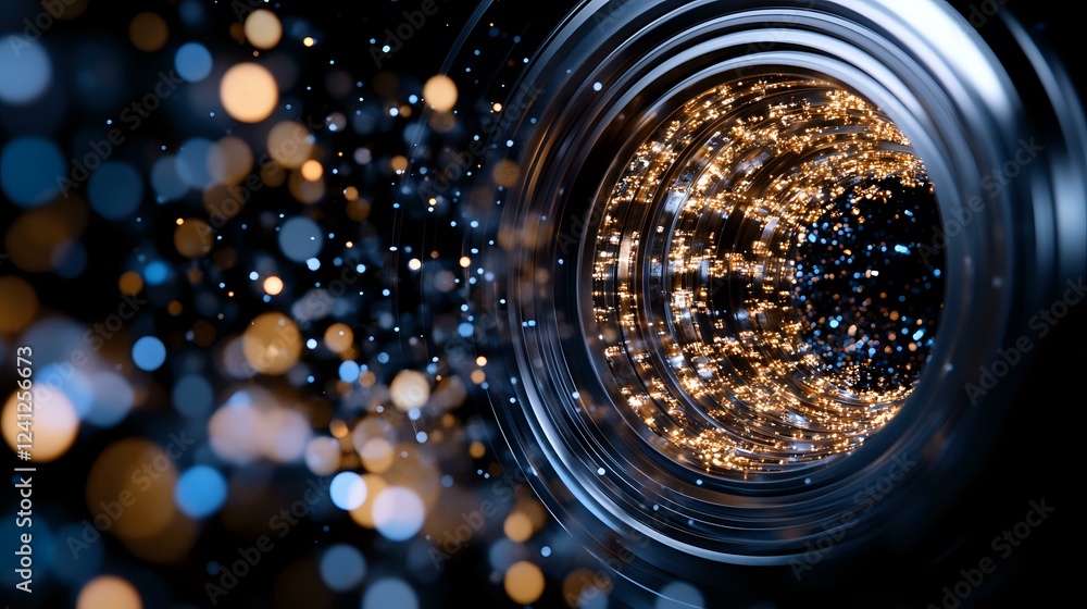 Poster camera lens with golden bokeh lights and sparkles creating magical atmosphere against dark backgroun