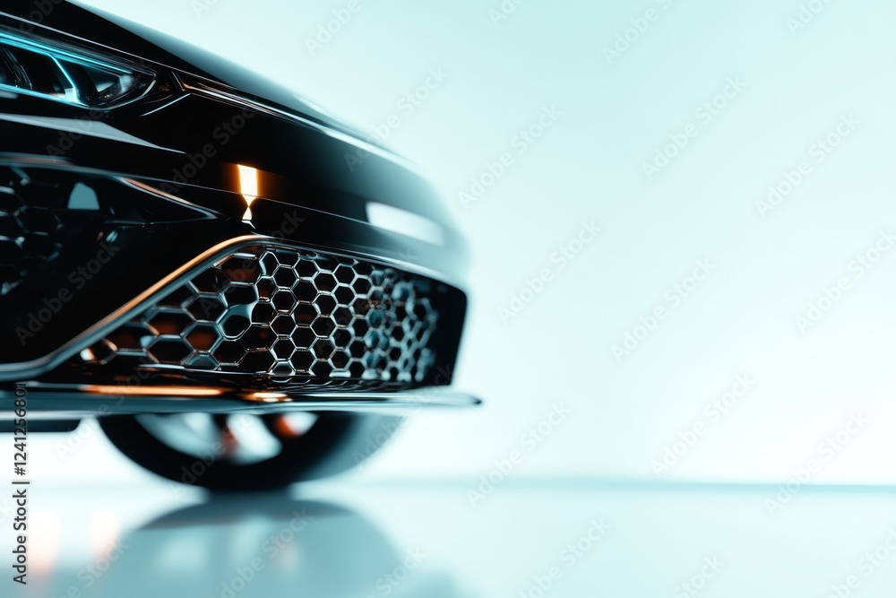Poster close-up view of a modern car's front grille highlighting sleek design and advanced features in a st