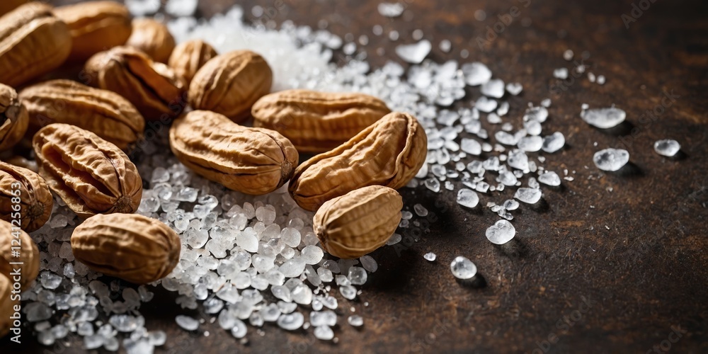 Poster salt and peanuts create a striking contrast on a dark surface in a culinary setting