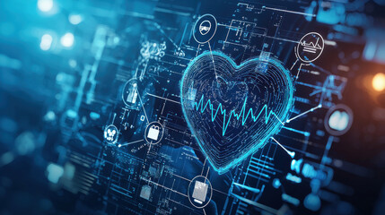 futuristic blue toned medical background featuring heart symbol and health related icons, representing technology in healthcare and medical innovation