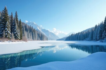 Fototapeta premium A frozen lake with surrounding evergreen trees and a clear blue sky, frozen lake, serene landscape, frozen water