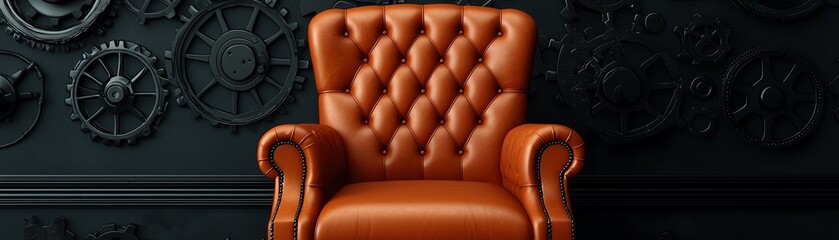 Stylish brown leather chair in industrial setting.
