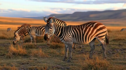 Naklejka premium A serene landscape featuring zebras grazing in golden grasslands during sunset