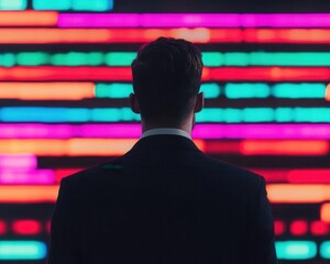 Fototapeta premium A businessman standing in front of a neonlit carbon marketplace, showcasing future green trading