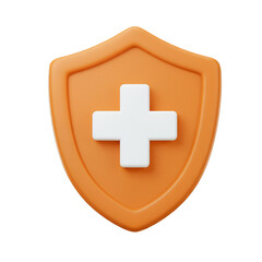 Obraz premium Orange shield icon, white plus sign, medical protection, 3d safety.