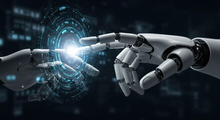 Technological Connection: Two robot hands extending to touch each other, symbolizing the convergence of technology and the dawn of artificial intelligence, with digital interface and glowing light.