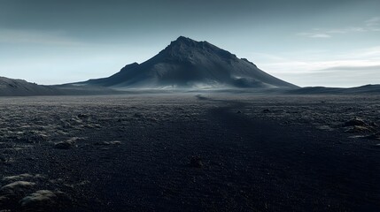 Fototapeta premium A large black lava sand plain with an isolated small dark mountain in the far distance 