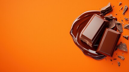 Rich Dark Chocolate Bars on Smooth Orange Background with Shattered Pieces