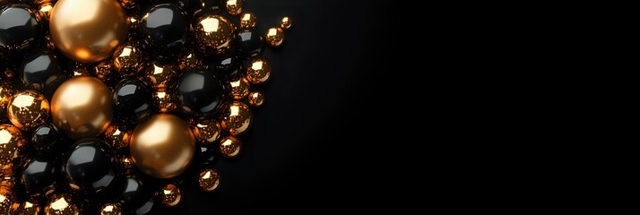 Luxurious black and gold metallic spheres composition on dark background with copy space, modern abstract festive decoration for holiday design.