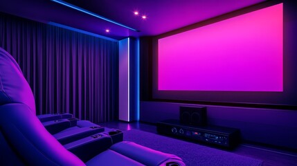 Modern home theater with plush seating, vibrant lighting, and a large screen, creating a cozy atmosphere
