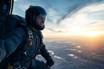 portrait of man with skydiving ready for jump over sunset sky background with copy space