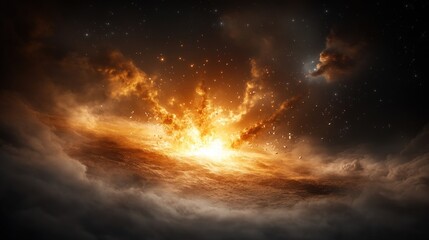 Obraz premium A stunning cosmic explosion captured in deep space, showcasing bright fiery colors and debris dispersing, symbolizing the birth of stars and the dynamic nature of the universe.