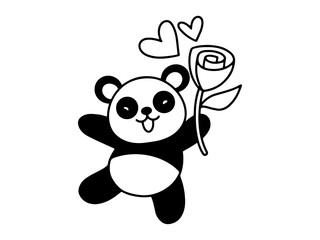 Valentine Day Panda Holding Rose Outline