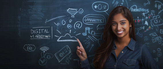 Woman points to "Digital Marketing" on a chalkboard, surrounded by icons representing online strategies like email and social media.