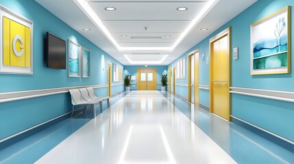 Bright and Modern Hospital Corridor with Vibrant Colors and Minimalist Design