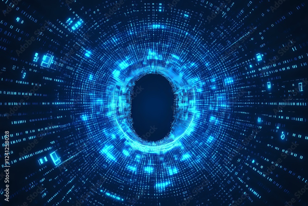 Poster digital tunnel with glowing blue binary code and light effects radiating from center in dark backgro