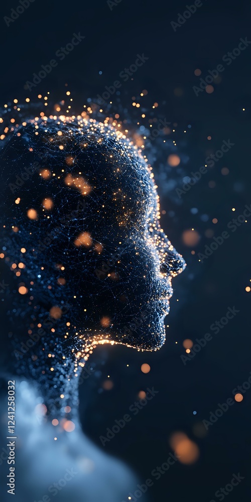 Poster digital profile silhouette made of glowing particles and light dots on dark background, representing