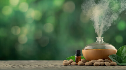 Aromatic essential oil diffuser with steam, stones, and green leaves