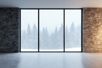 Stylish modern window overlooking winter landscape.