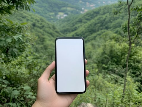 Mobile phone mockup, Hand holding smartphone with blank screen in green outdoor, for app promotion, website display, or mobile UI design