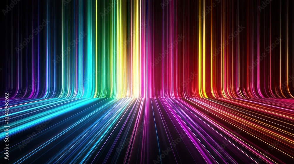 Poster vibrant abstract background with glowing rainbow lines and particles
