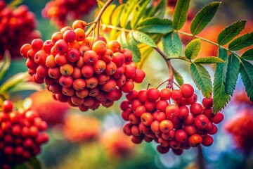 Vibrant Rowan Berries Hanging on a Mountain Ash Tree Branch - Autumn Nature Stock Photo