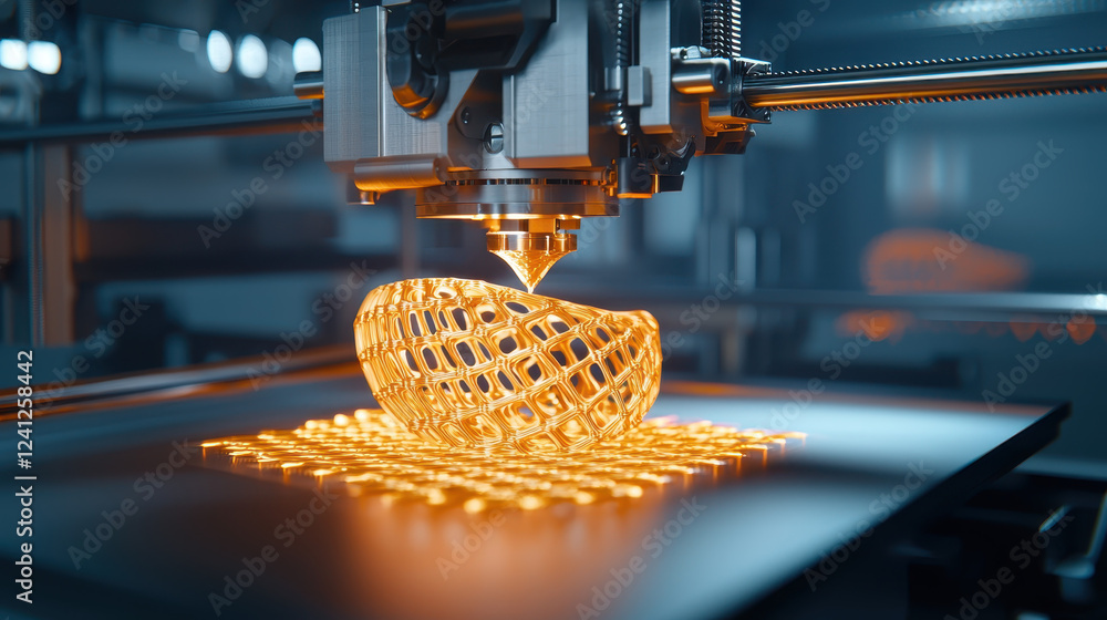 Poster close up of 3d printer creating intricate orange object, showcasing advanced technology and precisio