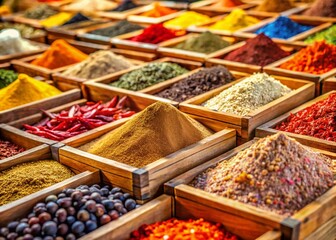Vibrant Spice Market: Wooden Boxes Overflowing with Aromatic Spices